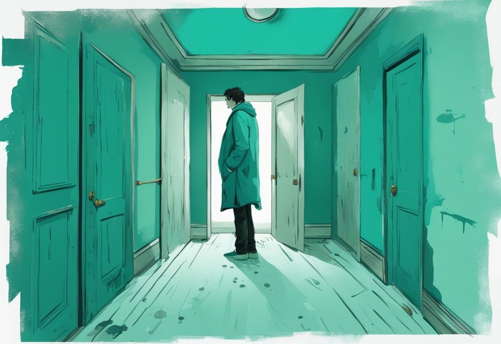 Modern digital painting of a distressed person in teal-themed room, staring at a closed door with a mirror reflecting a smug face, symbolizing when a narcissist leaves you alone.