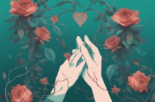 Digital painting of two hands nearing each other, one wrapped in thorn vines symbolizing trauma bonding, and the other flourishing with blooming flowers representing love, highlighting the theme of trauma bonding vs love in teal color.