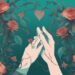 Digital painting of two hands nearing each other, one wrapped in thorn vines symbolizing trauma bonding, and the other flourishing with blooming flowers representing love, highlighting the theme of trauma bonding vs love in teal color.