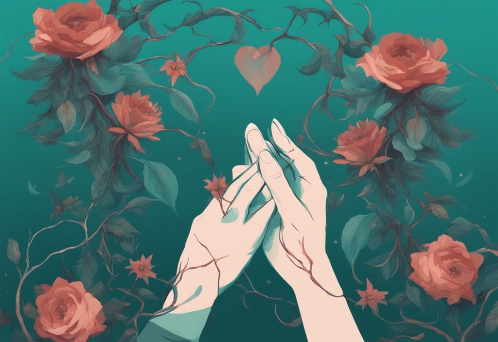 Digital painting of two hands nearing each other, one wrapped in thorn vines symbolizing trauma bonding, and the other flourishing with blooming flowers representing love, highlighting the theme of trauma bonding vs love in teal color.