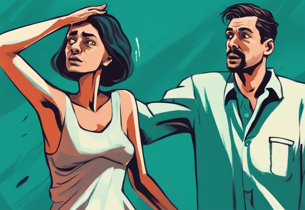 Modern digital painting of a confused man looking at his frustrated wife, capturing the theme "why is my wife hitting me" with a teal color palette.