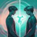 Modern digital painting of a narcissist and empath with teal theme, visually connected by vibrant energy line, exploring the theme "can a narcissist fall in love with an empath.