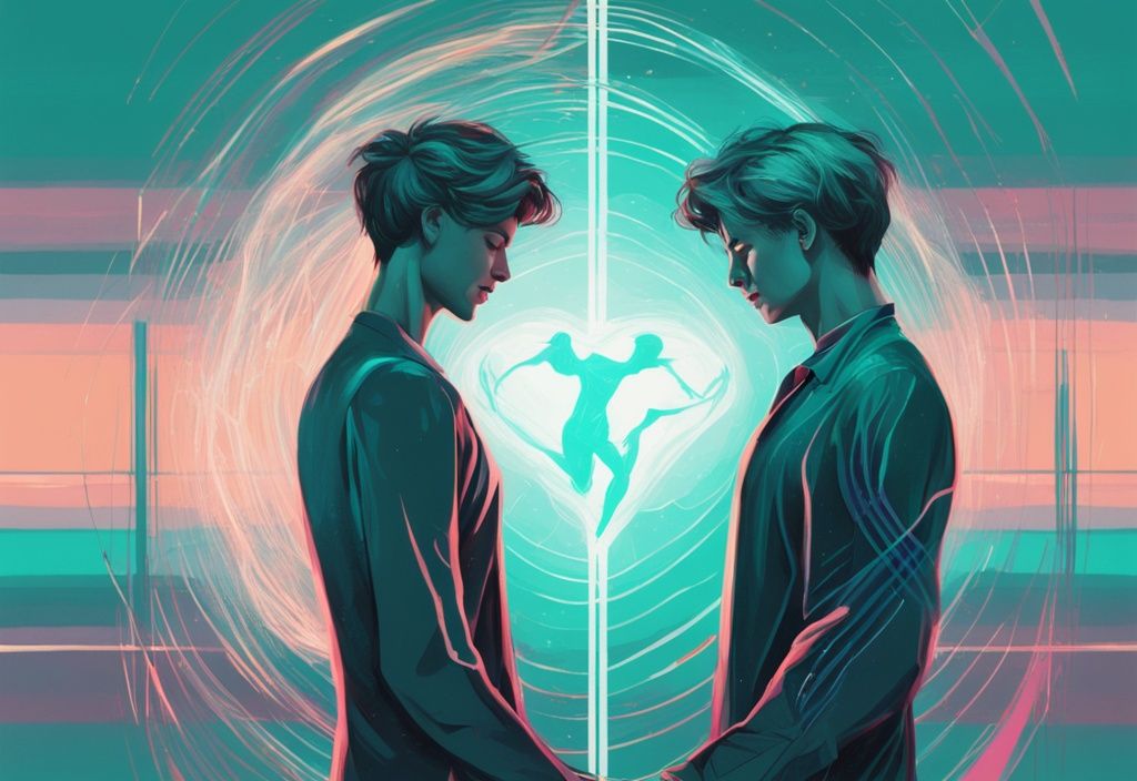 Modern digital painting of a narcissist and empath with teal theme, visually connected by vibrant energy line, exploring the theme "can a narcissist fall in love with an empath.