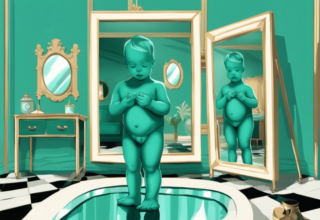 Digital painting of a mirror reflecting a baby and an adult, exploring the theme of whether narcissists are born or made, with a teal color scheme.