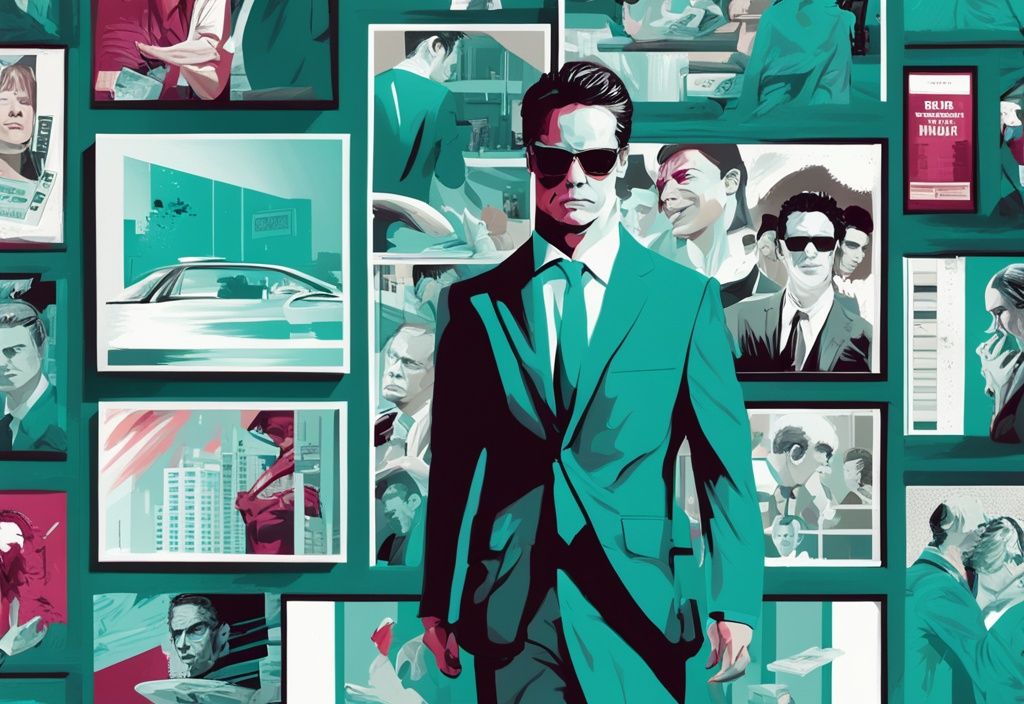 Modern digital painting with teal theme showcasing iconic movie posters from American Psycho, Fight Club, and The Social Network, highlighting the best movies about narcissists.