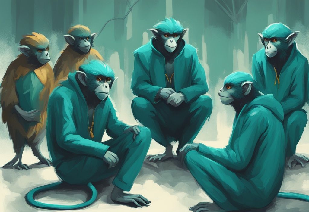 Illustration of flying monkeys surrounding a confident narcissist character, digital painting in teal theme.