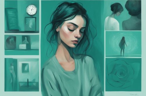 Modern digital painting of a young woman contemplating an illustrative list of 10 symptoms of daughters of narcissistic fathers, with a teal color theme.