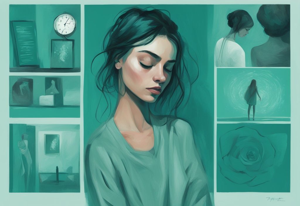 Modern digital painting of a young woman contemplating an illustrative list of 10 symptoms of daughters of narcissistic fathers, with a teal color theme.