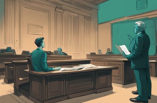 Modern digital painting of a courtroom scene illustrating how to prove gaslighting in court, featuring an individual presenting highlighted text messages, emails, and diary entries as evidence, with a teal color theme.