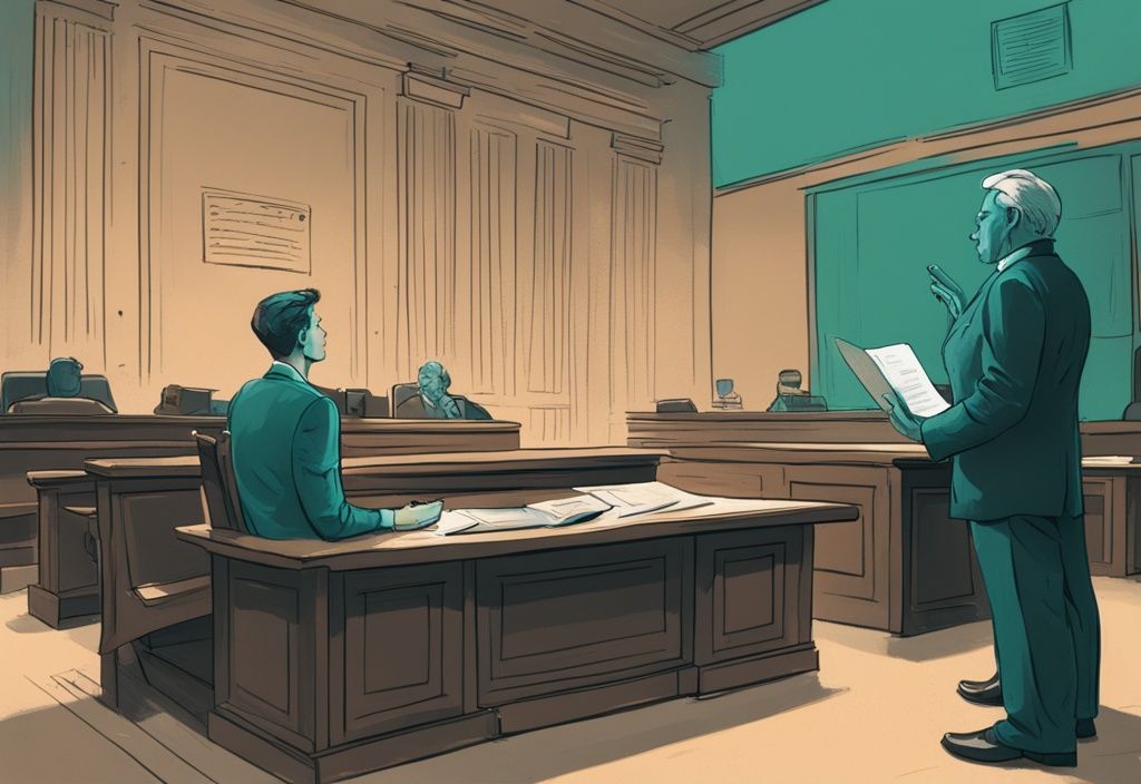 Modern digital painting of a courtroom scene illustrating how to prove gaslighting in court, featuring an individual presenting highlighted text messages, emails, and diary entries as evidence, with a teal color theme.