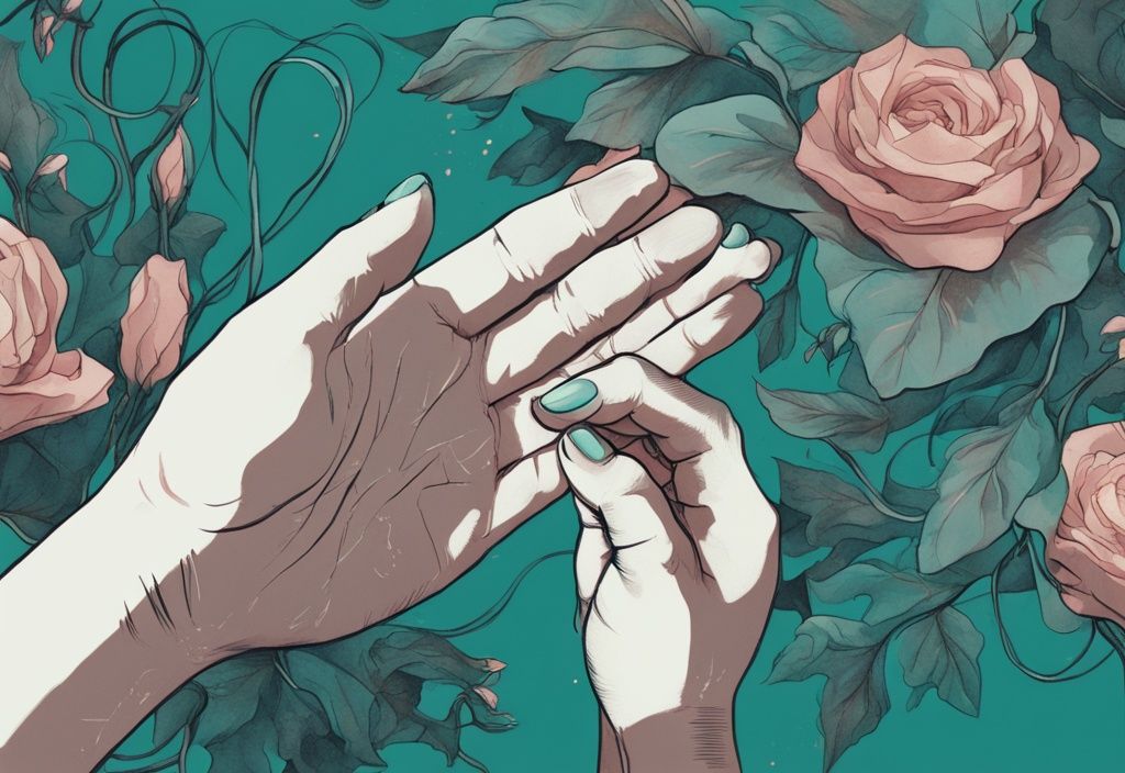 Digital painting of two hands nearing each other, one entangled in thorn vines symbolizing trauma bonding, the other adorned with blooming flowers representing love, highlighting the theme of trauma bonding vs love in a teal color scheme.