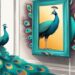 Modern digital painting of a peacock admiring its reflection with funny narcissistic quotes in teal color theme.