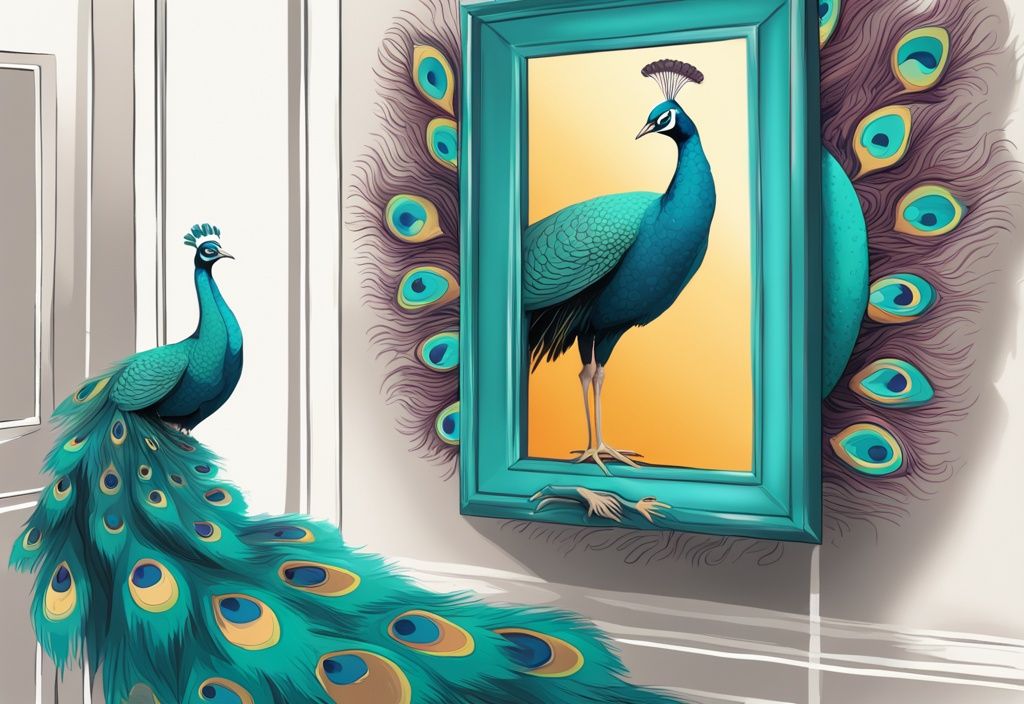 Modern digital painting of a peacock admiring its reflection with funny narcissistic quotes in teal color theme.