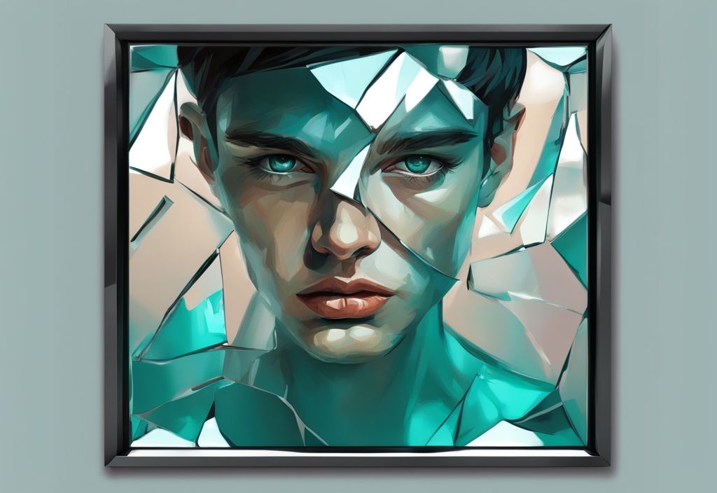 Modern digital painting of a worried narcissist's face reflected in a shattered mirror, teal color theme.