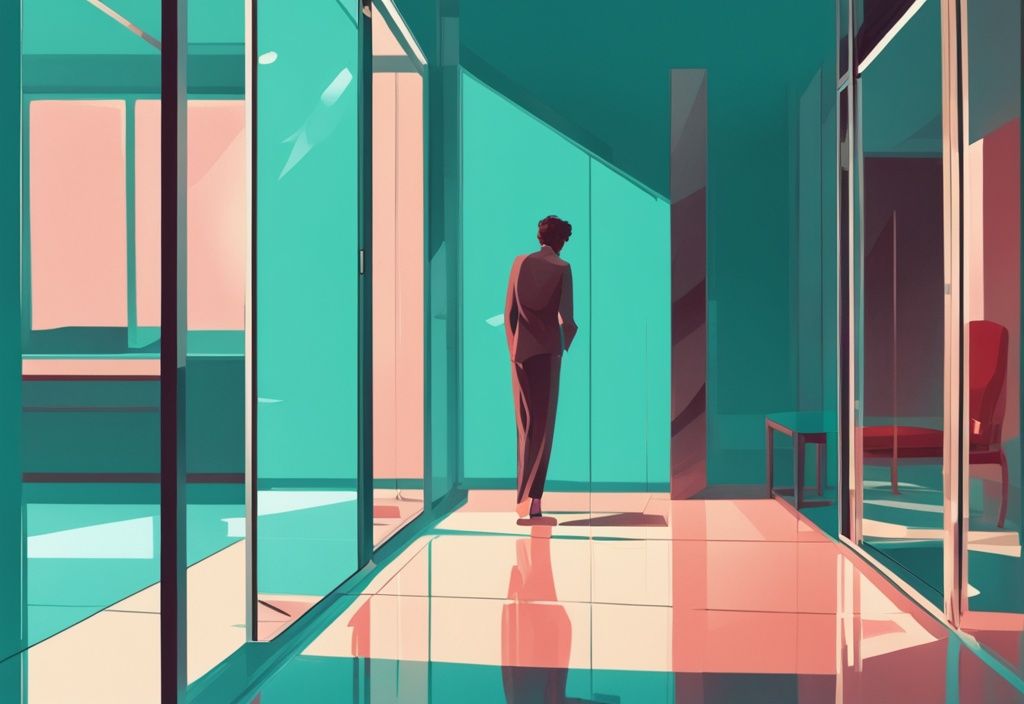 Modern digital painting of a teal-themed room with a solitary figure and perfect mirror reflection; a second person exits onto a bright path.