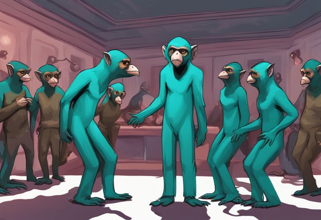 Illustration of teal-themed digital painting featuring flying monkeys surrounding a confident narcissistic character.