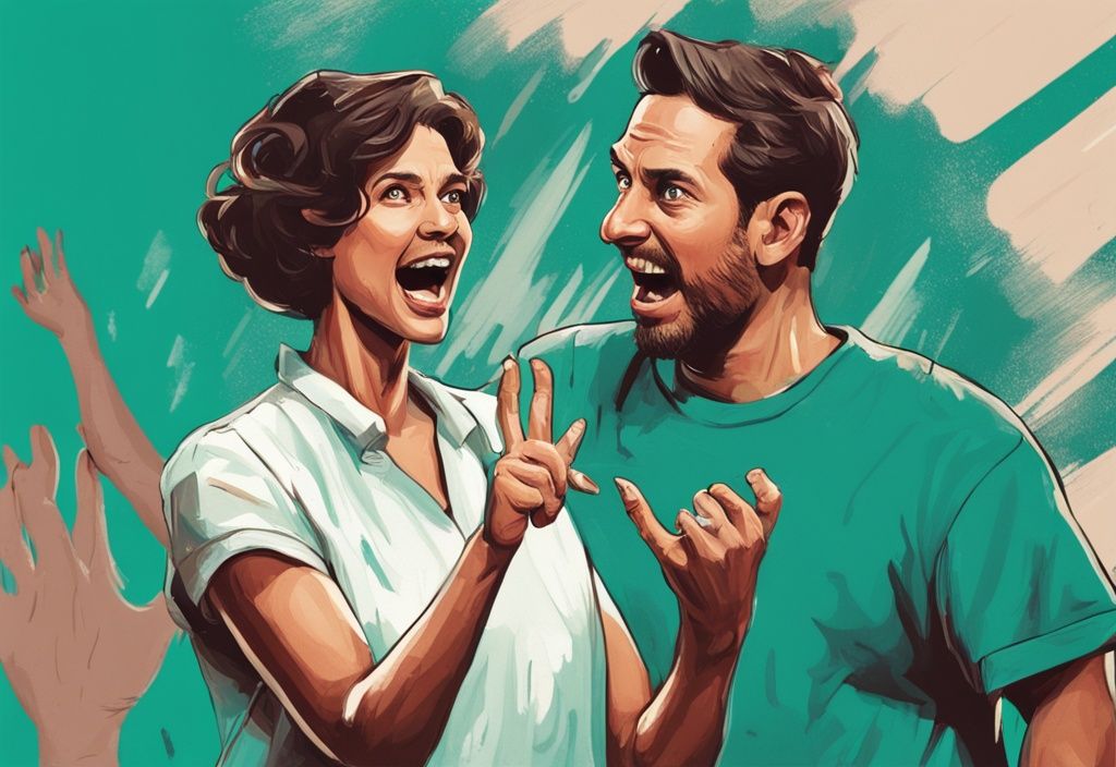 Modern digital painting of a surprised man and wife with a teal theme, wife holding a raised foam hand.