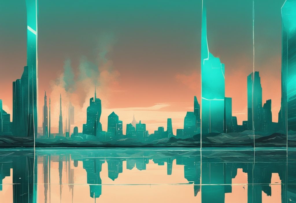 Futuristic teal-themed city skyline reflected in a mirror amidst barren surroundings digital painting illustration.