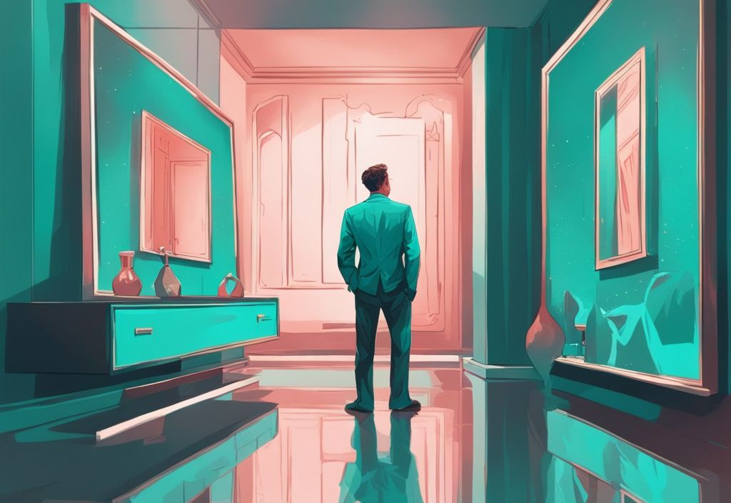 Modern digital painting of a man in teal theme, standing alone before a mirror with a dejected reflection, amidst symbols of success and adoration.