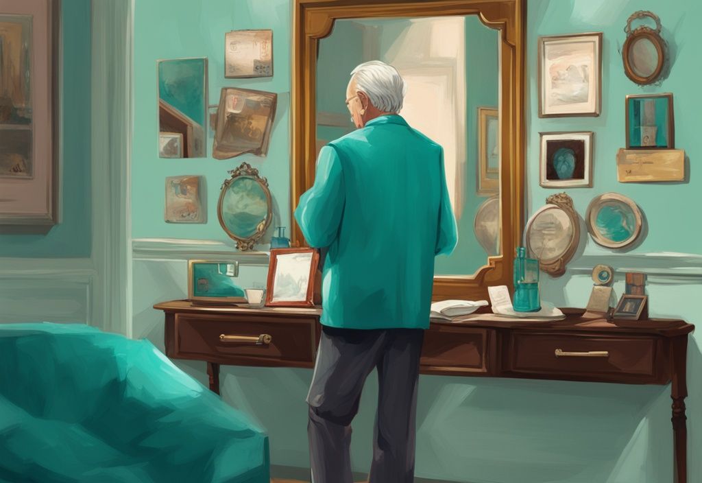 Modern digital painting of an older man admiring reflection in vintage mirror, teal color theme, room filled with personal awards and framed magazine covers.