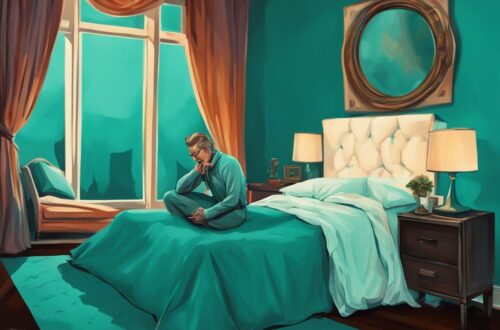 Modern digital painting of a narcissistic caricature in a teal-themed bedroom, contemplating an hourglass, symbolizing time; explore "how long can a narcissist go without sex" in this captivating artwork.