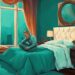 Modern digital painting of a narcissistic caricature in a teal-themed bedroom, contemplating an hourglass, symbolizing time; explore "how long can a narcissist go without sex" in this captivating artwork.