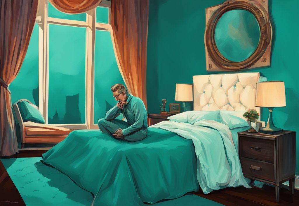 Modern digital painting of a narcissistic caricature in a teal-themed bedroom, contemplating an hourglass, symbolizing time; explore "how long can a narcissist go without sex" in this captivating artwork.