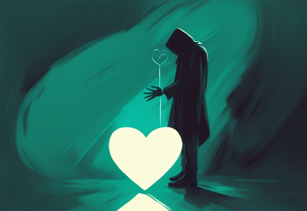 Modern digital painting of a narcissist in shadows reaching for a glowing heart, symbolizing transformation for love, with a teal color theme.