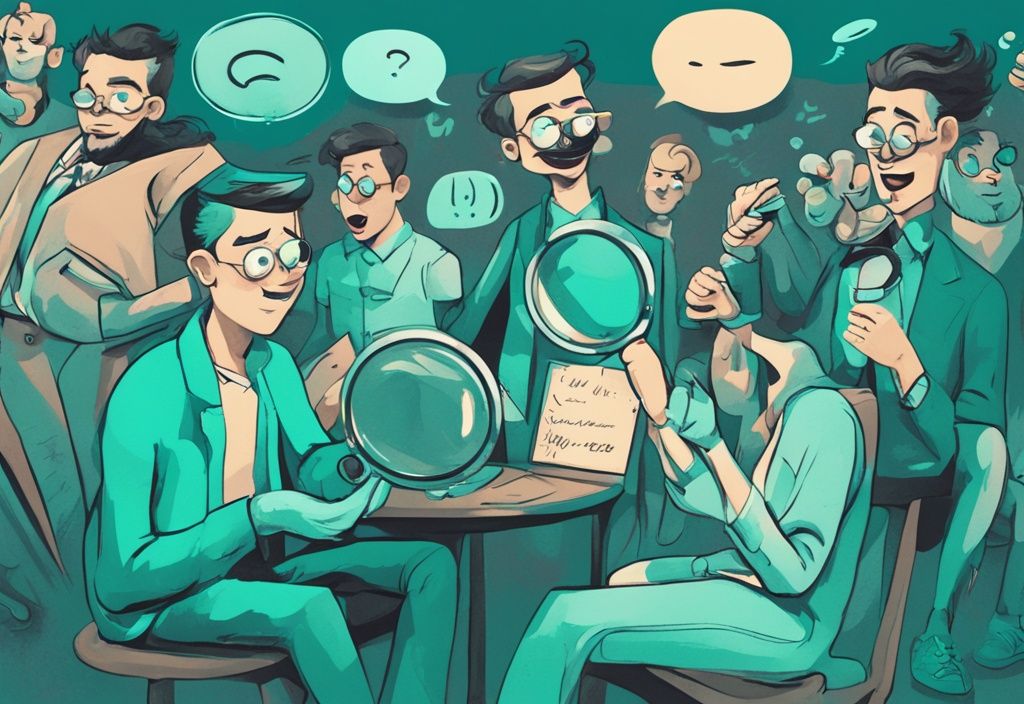 Modern digital painting with a teal theme, featuring a magnifying glass over a charming character surrounded by contradictory speech bubbles.