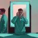 Modern digital painting of a narcissist frightened by his distorted reflection in a broken mirror, exploring how to frighten a narcissist with teal color theme.