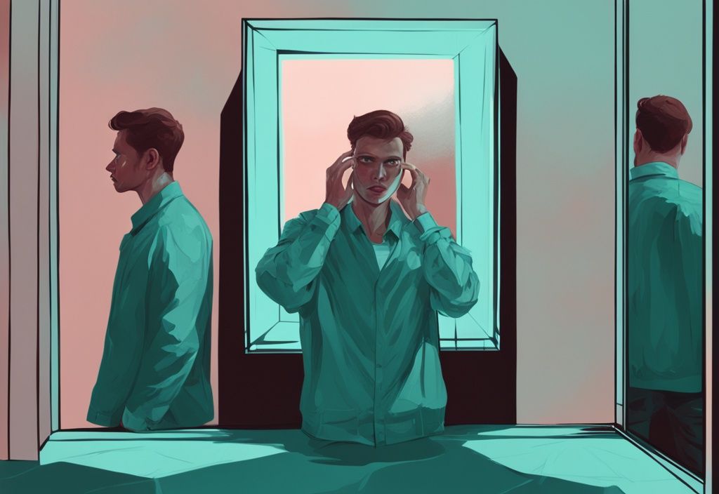 Modern digital painting of a narcissist frightened by his distorted reflection in a broken mirror, exploring how to frighten a narcissist with teal color theme.