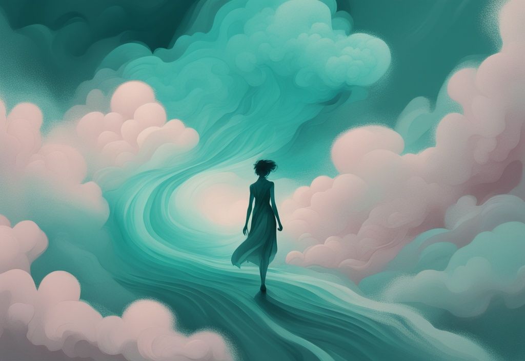 Modern digital painting of a transformative journey with teal theme, depicting a figure evolving from shadowy forms to a peaceful, radiant individual.