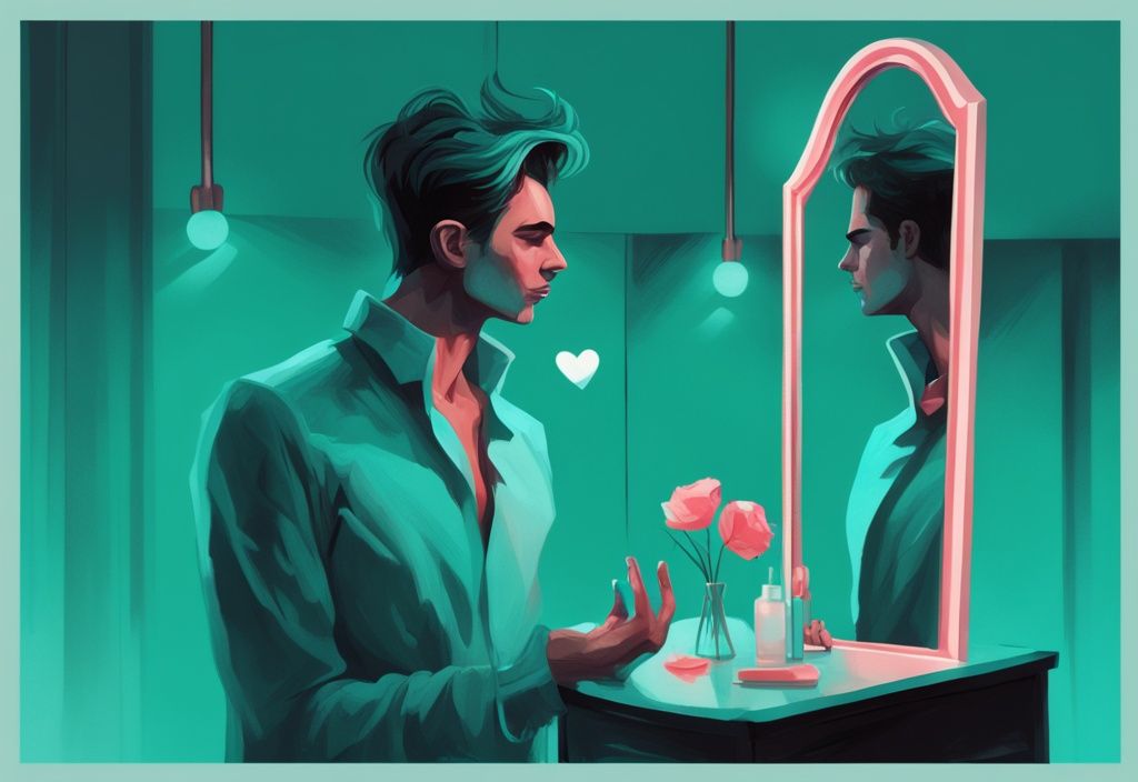 Modern digital painting of a man in teal theme, reflecting on a heart-shaped object, symbolizing the question: can a narcissist change for love?