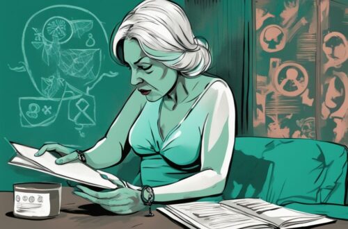 Modern digital painting of an upset mother-in-law reading "10 Signs You Have a Toxic Daughter-in-Law" list with symbols of toxic behavior, teal color theme.