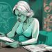 Modern digital painting of an upset mother-in-law reading "10 Signs You Have a Toxic Daughter-in-Law" list with symbols of toxic behavior, teal color theme.