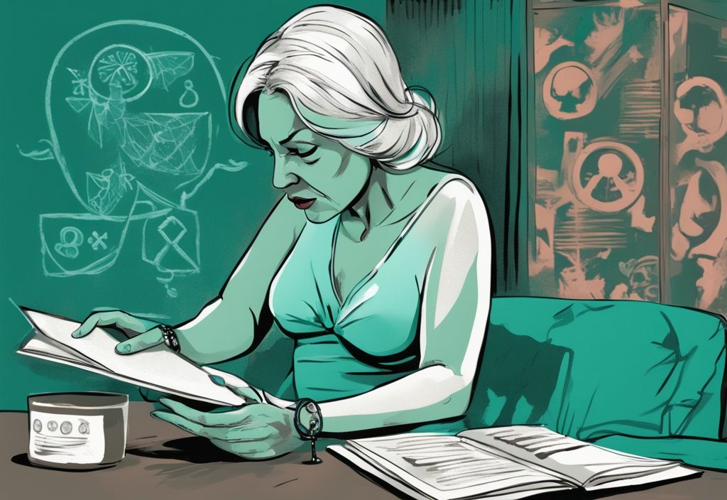 Modern digital painting of an upset mother-in-law reading "10 Signs You Have a Toxic Daughter-in-Law" list with symbols of toxic behavior, teal color theme.