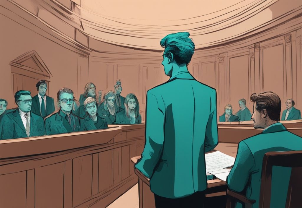 Modern digital painting of a courtroom scene illustrating how to prove gaslighting in court, featuring an individual presenting highlighted text messages, emails, and diary entries as evidence, with a teal color theme.