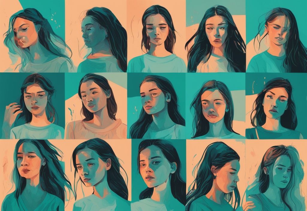 Modern digital painting of ten young women in teal panels, each symbolizing a symptom of having a narcissistic father, showcasing distinct emotions and situations.