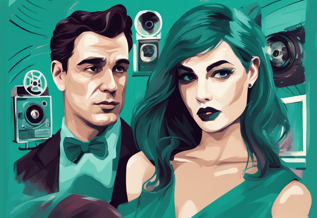 Modern digital painting of a teal-themed cinema reel featuring iconic narcissistic film characters.