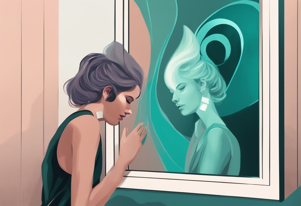 Modern digital painting of an adult admiring reflection in mirror, symbolizing personal growth and evolution towards narcissism, with teal color theme.