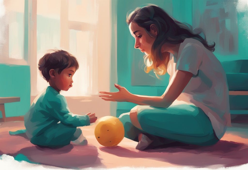 Modern digital painting of an adult with a cold expression observing a child playing, exploring the theme "can narcissists love their child" with a teal color palette.