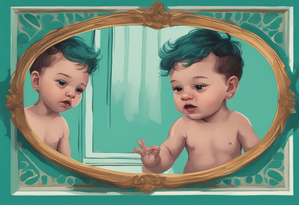 Digital painting of a teal-themed split frame with a baby and a man in mirrors, exploring the question: are narcissists born or made?