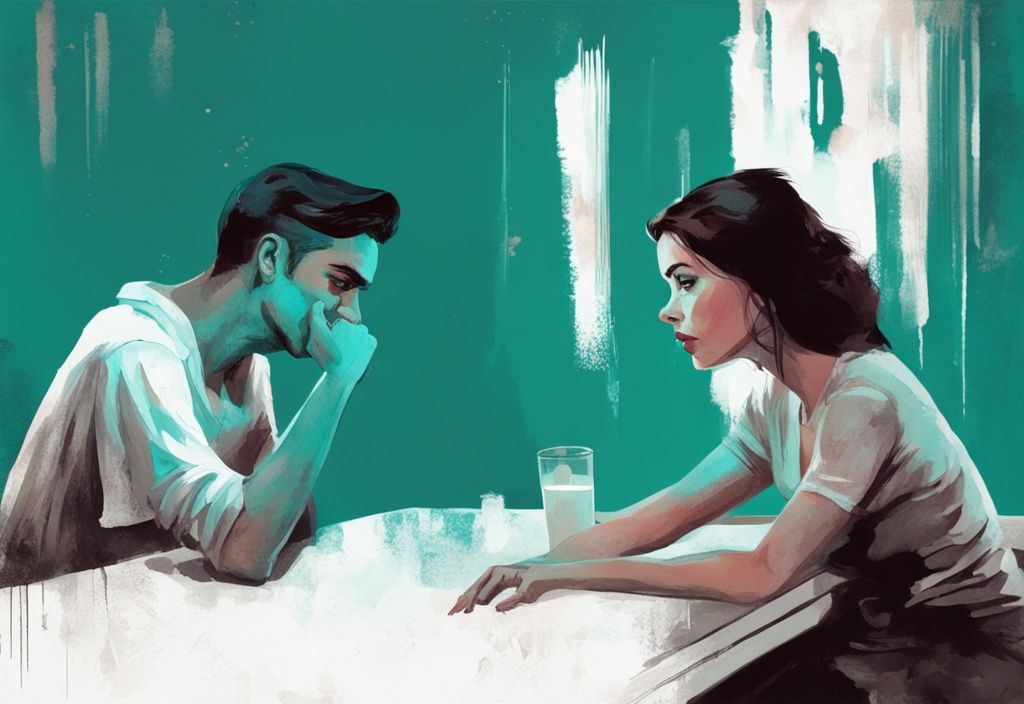 Modern digital painting of a distressed couple with a teal color theme, exchanging glances as their daughter-in-law in the background displays toxic behavior by ignoring them.