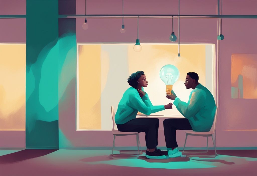 Modern digital painting of two people in conversation under a teal-themed light bulb, symbolizing safe and honest communication.