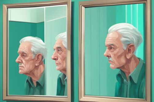 Modern digital painting of an elderly man and younger self in mirror, exploring theme: can someone become a narcissist later in life, with teal color palette.