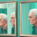 Modern digital painting of an elderly man and younger self in mirror, exploring theme: can someone become a narcissist later in life, with teal color palette.