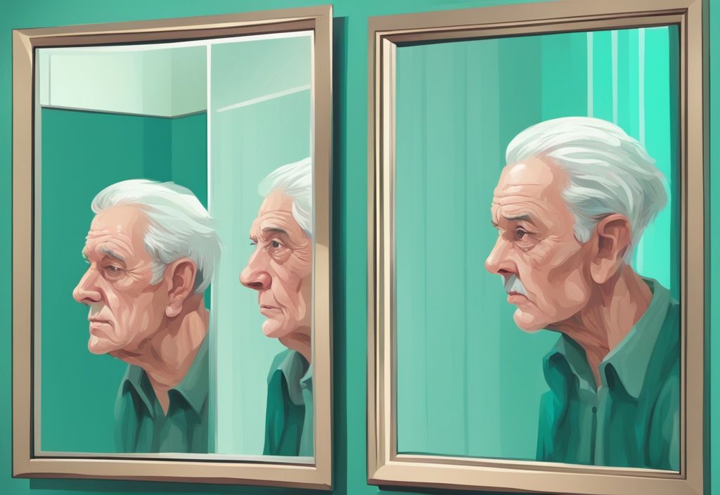 Modern digital painting of an elderly man and younger self in mirror, exploring theme: can someone become a narcissist later in life, with teal color palette.