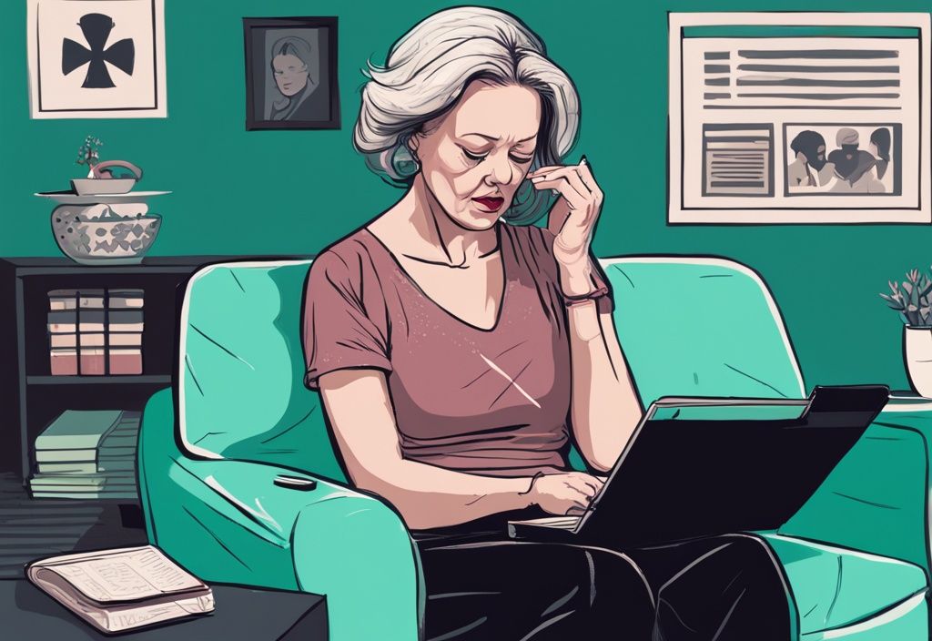 Modern digital painting of an upset mother-in-law reading a list titled "10 Signs You Have a Toxic Daughter-in-Law" with symbols of toxic behavior, featuring a teal color theme.