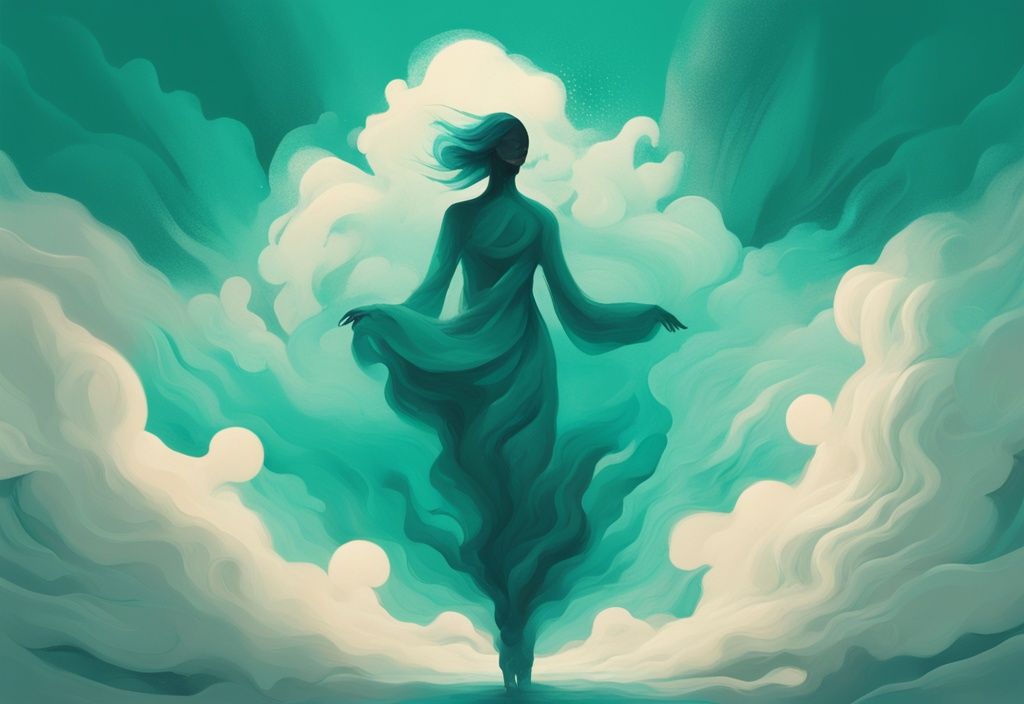 Modern digital painting of a transformative journey, featuring a figure evolving from shadowy forms to a peaceful state, with a teal color theme.