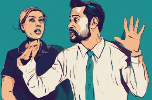 Modern digital painting of a confused man looking at his frustrated wife raising her hand, exploring the theme "why is my wife hitting me" with a teal color palette.